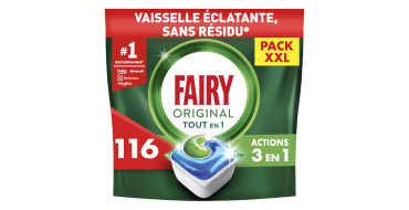 Amazon: Lot de 116 Tablettes Lave Vaisselle Tout-en-1 Fairy Original - sans parfum à 14,96€