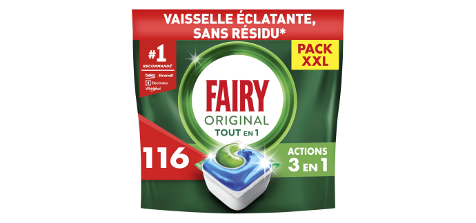 Amazon: Lot de 116 Tablettes Lave Vaisselle Tout-en-1 Fairy Original - sans parfum à 14,96€