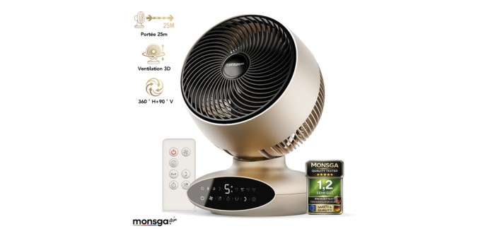JoyBuy: Ventilateur de table Monsga AC200 - double oscillation 360°/90°, 30dB, minuterie 8h à 59,9€