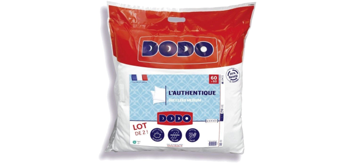 Cdiscount: Lot de 2 Oreillers Médium Dodo l'authentique - 60 x 60 cm à 14,99€ (au lieu de 29,99€)