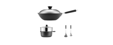 JoyBuy: COOKER KING Ensemble de cuisson - Wok fer 4,5L + Faitout alu 3L + Panier vapeur inox + 2 spatules à