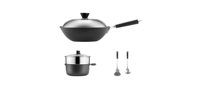 JoyBuy: COOKER KING Ensemble de cuisson - Wok fer 4,5L + Faitout alu 3L + Panier vapeur inox + 2 spatules à