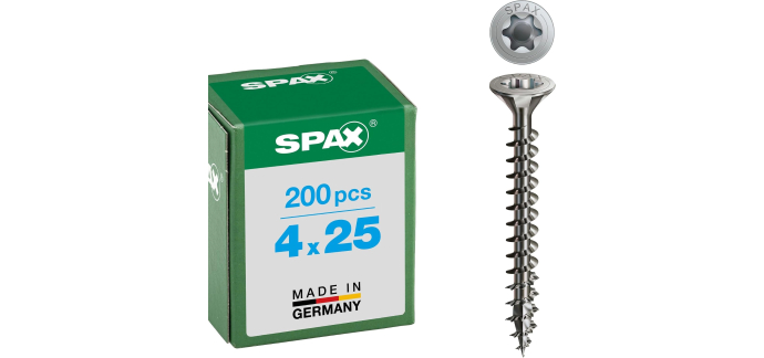 Amazon: Lot de 200 Vis Spax - Inox, Torx, 4 x 25 mm à 11,99€ (au lieu de 21,88€)