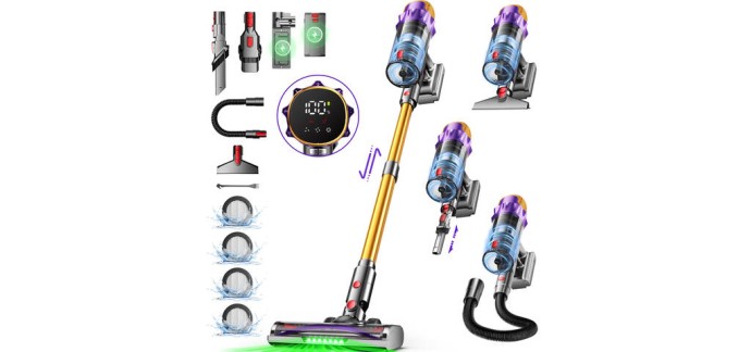 JoyBuy: Daynee Aspirateur sans fil 65 kPa/70 min avec écran, tuyau 1 m, brosse anti-enchevêtrement, HEPA*4 à