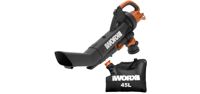 Amazon: Souffleur Aspirateur Broyeur Worx 3000W WG505E - 335km/h, sac 45L à 75,49€ (au lieu de 125,13€)