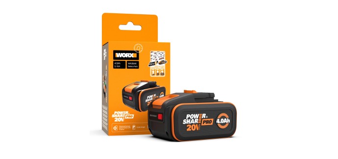 Amazon: Batterie Worx Powershare Pro Lithium-ION 20V 4Ah WA3644 à 35,99€ (au lieu de 52,44€)