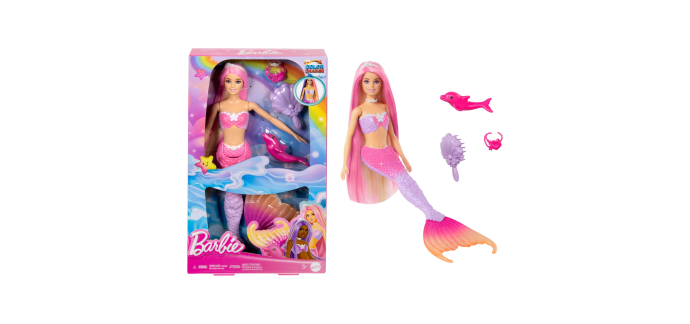 Amazon: Poupée Barbie Sirène Malibu - Cheveux roses, changement de couleur à l'eau à 8,99€