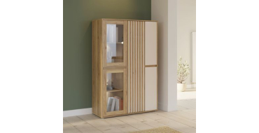 Cdiscount: Meuble de Rangement Bibliothèque ELISTON FORTE - Blanc Mat & Chêne Naturel, 5 portes dont 2 vitrées,