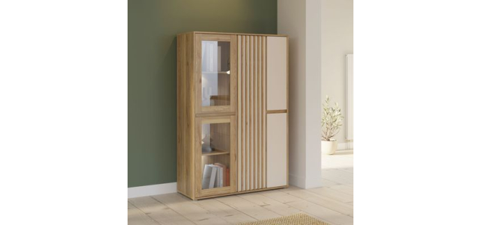 Cdiscount: Meuble de Rangement Bibliothèque ELISTON FORTE - Blanc Mat & Chêne Naturel, 5 portes dont 2 vitrées,