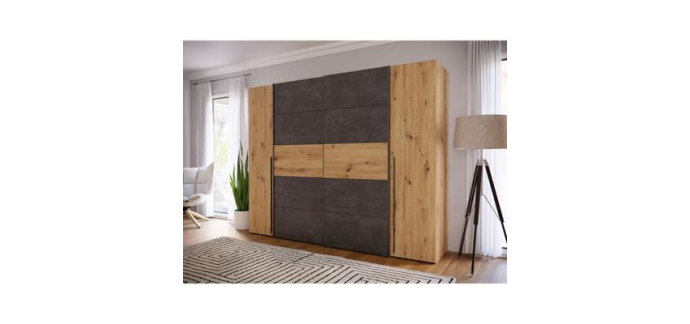 Cdiscount: Armoire NARAGO - Décor chêne artisan et béton gris, 2 portes battantes + 2 coulissantes, L270,3 cm à