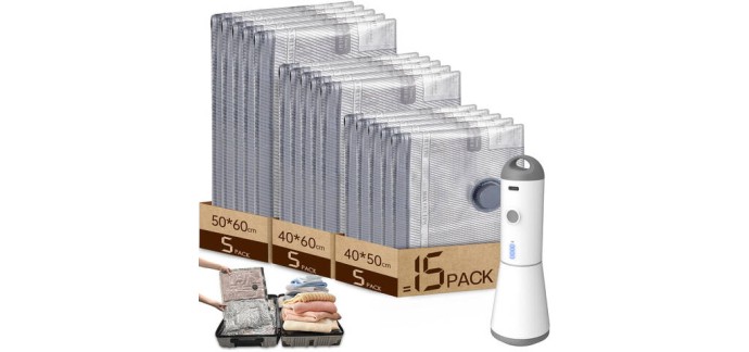JoyBuy: HOMOH Lot de 15 sacs sous vide avec pompe sans fil à 20,98€ (au lieu de 29,99€)