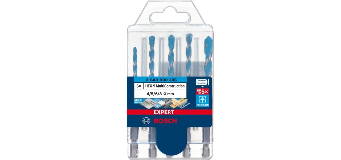 Amazon: Coffret de 5 forets Bosch Expert HEX-9 Multi Construction à 14€ (au lieu de 18,36€)