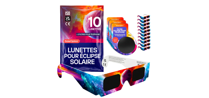 Amazon: Pack de 10 Lunettes Éclipse Solaire ISO 12312-2 + 3 filtres smartphone à 8,54€