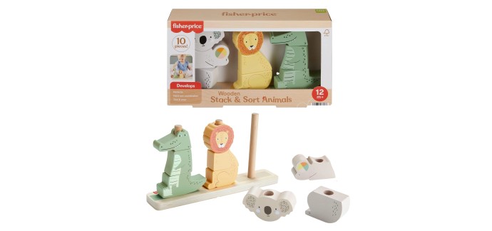 Amazon: Jeu éducatif Fisher-Price Animaux à empiler et trier en bois à 8,99€ (au lieu de 13,91€)