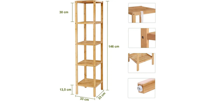 JoyBuy: Étagère sur pied en bambou 5 niveaux 33x33x146 cm à 24,98€ (au lieu de 111,98€)