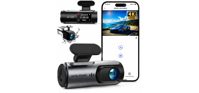 Amazon: Dashcam 4K Avant Arrière - Wi-Fi, Grand Angle 170°, Mode Stationnement 24H à 39,99€