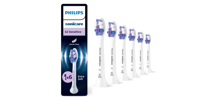 Amazon: Lot de 6 Têtes de Brosse à Dents Philips Sonicare S2 Sensitive HX6056/87 à 22,49€