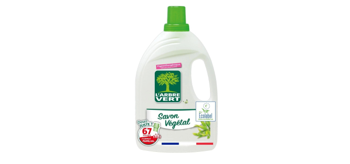 Amazon: Lessive L'Arbre Vert Ecolabel Savon Végétal - 67 Lavages, 3.015l, Hypoallergénique à 8,70€ (au lieu