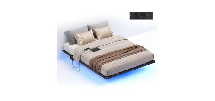 Amazon: Lit Flottant avec LED - Station de charge amovible 2 Prises + 1 Port USB - 140 x 190 cm - Noir à 67,