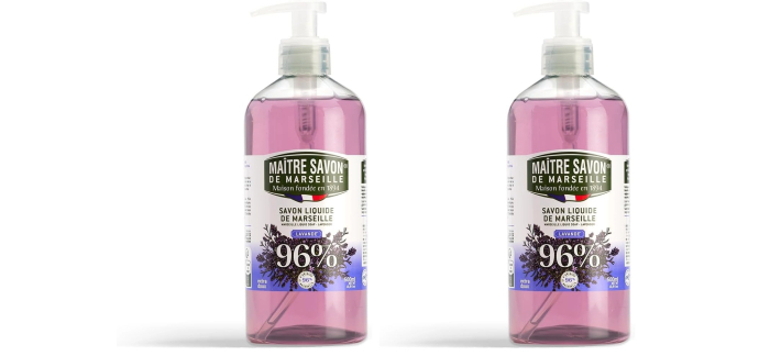 Amazon: Lot de 2 Flacons de 500ml de Savon de Marseille liquide Maître Savon de Marseille - Lavande à 5,36€