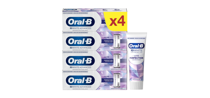 Amazon: Lot de 4 Dentifrices Blancheur 3D White Advanced Luxe Perfection Oral-B - Arome Menthe à 6,39€ (au l