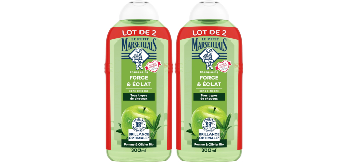 Amazon: Lot de 4 flacons Shampooing Force & Éclat Pomme & Olivier Bio Le Petit Marseillais - 1200 ml à 3,51€