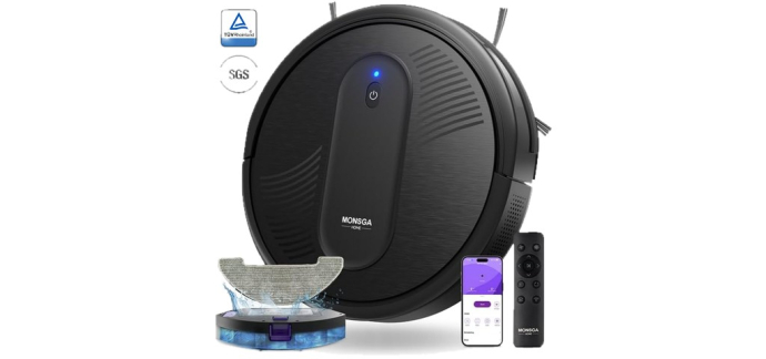 JoyBuy: Robot aspirateur laveur monsga MR1 - 4000 Pa, ultra-fin 3,2", autonomie 140 min à 68,99€