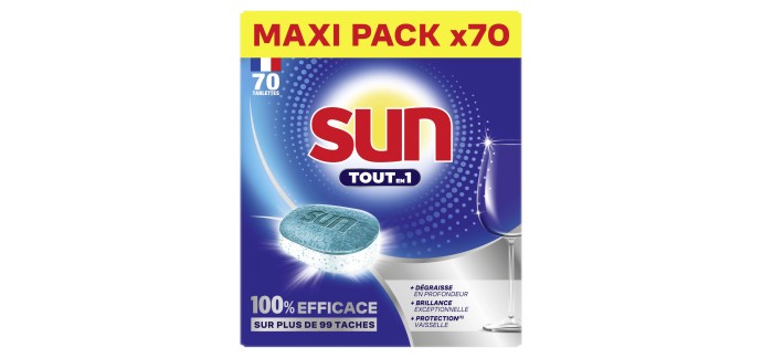 Amazon: Lot de 70 Tablettes Lave-Vaisselle Sun Tout en 1 à 8,57€ (au lieu de 12,78€)
