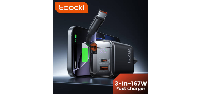 JoyBuy: Toocki Chargeur rétractable 3-en-1 67W USB-C à 18,99€ (au lieu de 36,99€)