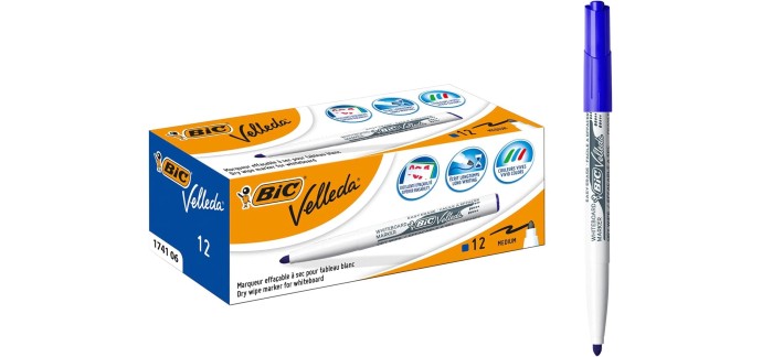 Amazon: Lot de 12 Marqueurs Feutres Bic Velleda 1741 - pour Tableau Blanc, Effaçables à Sec, Bleu à 7,69€