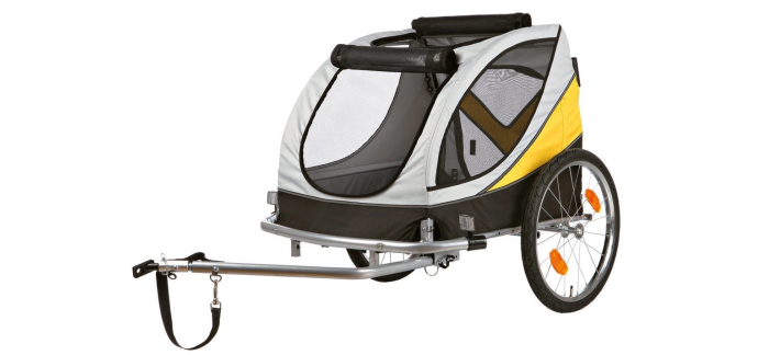 Amazon: Remorque Roulotte de Vélo pour chien Trixie - Gris/Noir/Jaune à 110,77€ (au lieu de 333,35€)