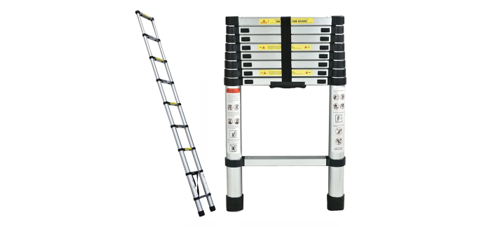 Amazon: Échelle télescopique 2,6 m - Métal léger, verrouillage, pieds antidérapants, 150 kg à 54€