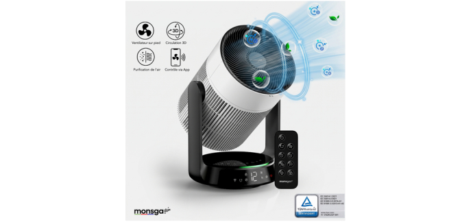 JoyBuy: Monsga AP200 Ventilateur sur Pied 2-en-1 avec Purificateur d'air, CADR 280 m³/h, 25 dB à 99,9€