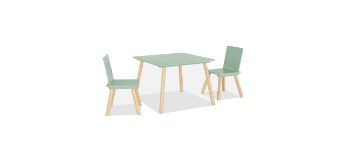 Sweeek: Table carrée enfant + 2 chaises, pieds pin, vert à 37,49€ (au lieu de 49,99€)