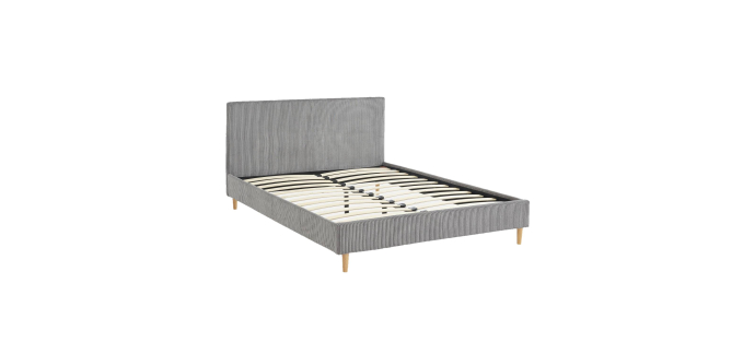 Sweeek: Lit 140x190cm avec sommier à lattes et tête de lit, velours côtelé gris à 207,99€