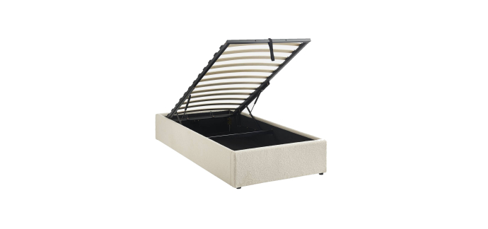 Sweeek: Lit coffre avec sommier à lattes, bouclette blanche, 90 x 190 cm à 194,99€ (au lieu de 259,99€)