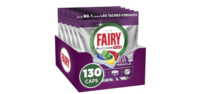 Amazon: Lot de 130 Tablettes Lave-Vaisselle Fairy Platinum Plus Tout-en-1 Miracle 30 Mins à 22,51€