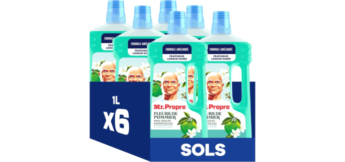 Amazon: Lot de 6 Bidons d'1L de Nettoyant Sol Multi-Usages Mr. Propre - Parfum Fleur Pommier à 11,48€