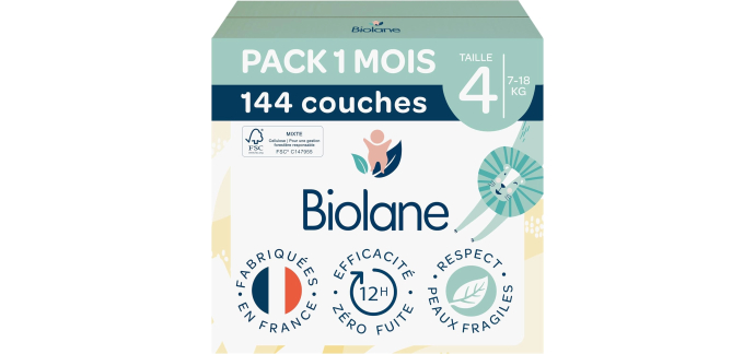 Amazon: Lot de 144 Couches Bébé Biolane - Taille 4, 7-18 Kg à 40,44€ (au lieu de 60,13€)