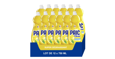 Amazon: Lot de 12 Liquides vaisselle Paic - 12 x 750 ml, Éclat Citron, Super Dégraissant à 15,43€