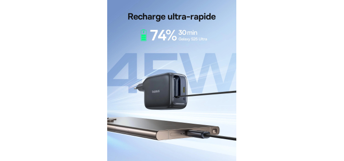 Amazon: Chargeur USB C Baseus Enercore - 45W, câble USB-C intégré à 16,99€ (au lieu de 28,98€)