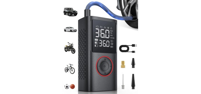 Amazon: Gonfleur pneus voiture sans fil Powools - 150 PSI, compact 8,9x4,8x13,8cm à 21,99€
