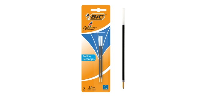 Amazon: 2 Recharges bleu pour stylo BIC 4 couleurs - Pointe Moyenne à 0,59€