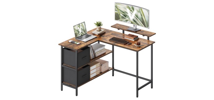 Amazon: Bureau d'angle en L Vasagle LWD097B01 - 2 tiroirs, étagère réglable, 115x105x90 cm à 51,99€