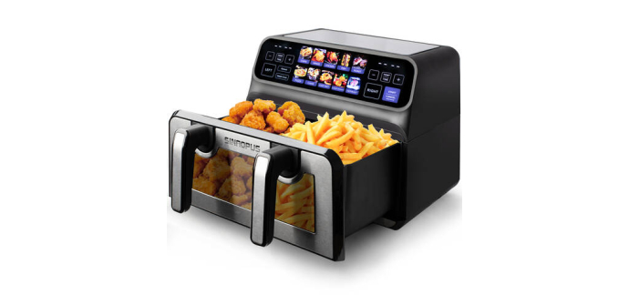 JoyBuy: Sinaopus friteuse sans huile 9 L double cuve 2200 W - 2 paniers 4,5 L, écran tactile LED, 10 program