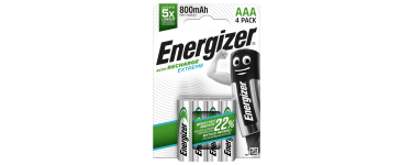 Amazon: Lot de 4 Piles Rechargeables AAA Energizer Recharge Extreme - 800 mAh NiMH, pré-chargées à 7,99€
