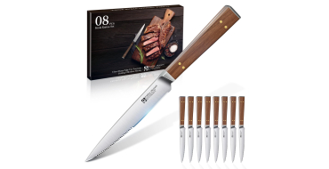 Amazon: Set de 8 couteaux à steak Purple Dragon - lame ondulée inox, manche en bois à 22,04€