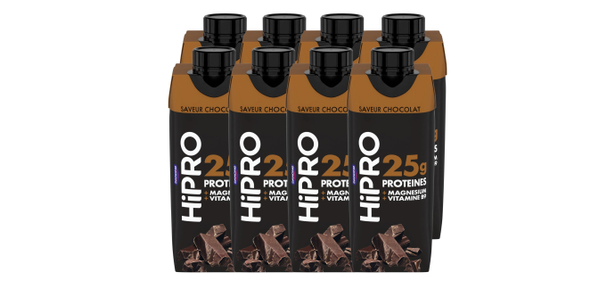 Amazon: Lot de 8 Boissons protéinée goût chocolat Hipro - 8 x 330ml à 10,03€ (au lieu de 21,18€) (via prévoy