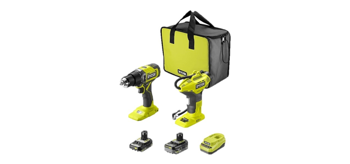 Castorama: Pack Perceuse-visseuse à percussion Ryobi RPD18-0 & compresseur R18PI-0 - 2 batteries, chargeur, sac