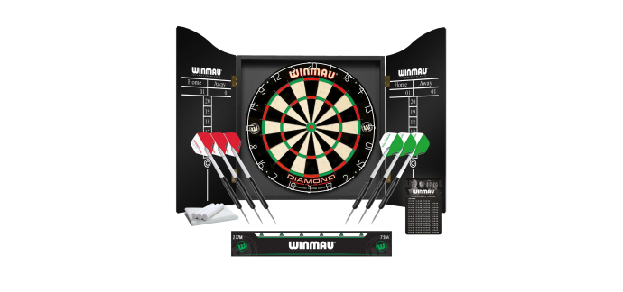 Amazon: Set de fléchettes Winmau - cible + armoire + 2 sets de 3 fléchettes à 69,99€ (au lieu de 97,37€)